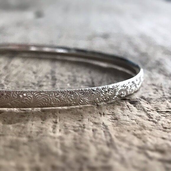 925 Sterling Silver Paisley Stackable Bangle Bracelet Thick Handmade Unisex - Picture 3 of 6